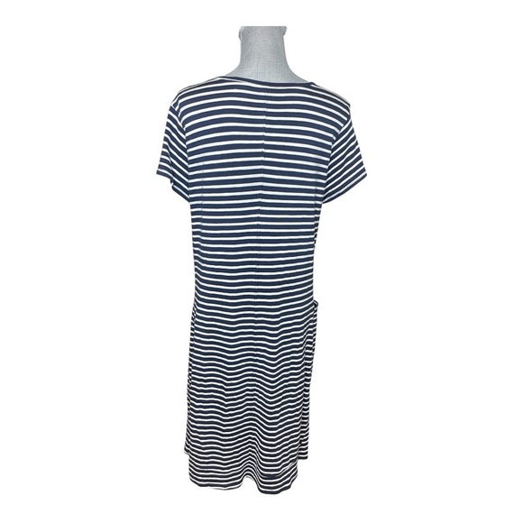 Toad & Co Muse Dress Size L Organic Cotton Midi Navy Blue Striped Pocket - Picture 3 of 7